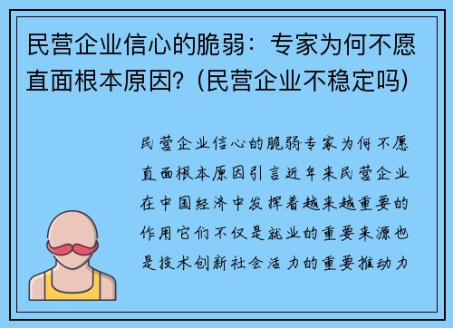 民营企业信心的脆弱：专家为何不愿直面根本原因？(民营企业不稳定吗)